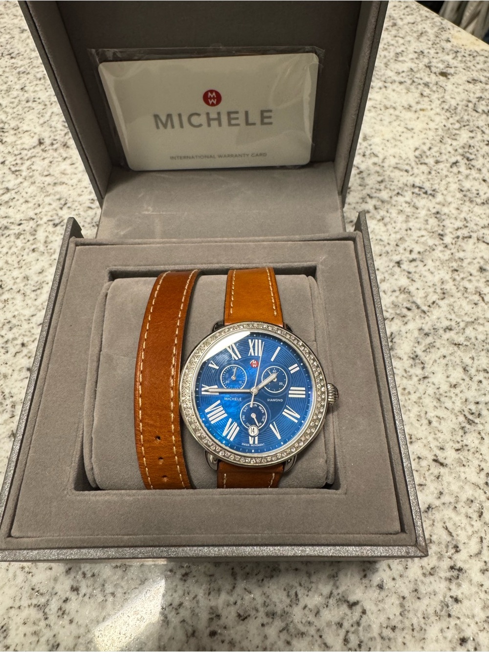Michele Serein  Brown Leather Strap Watch with Blue Dial with Diamonds